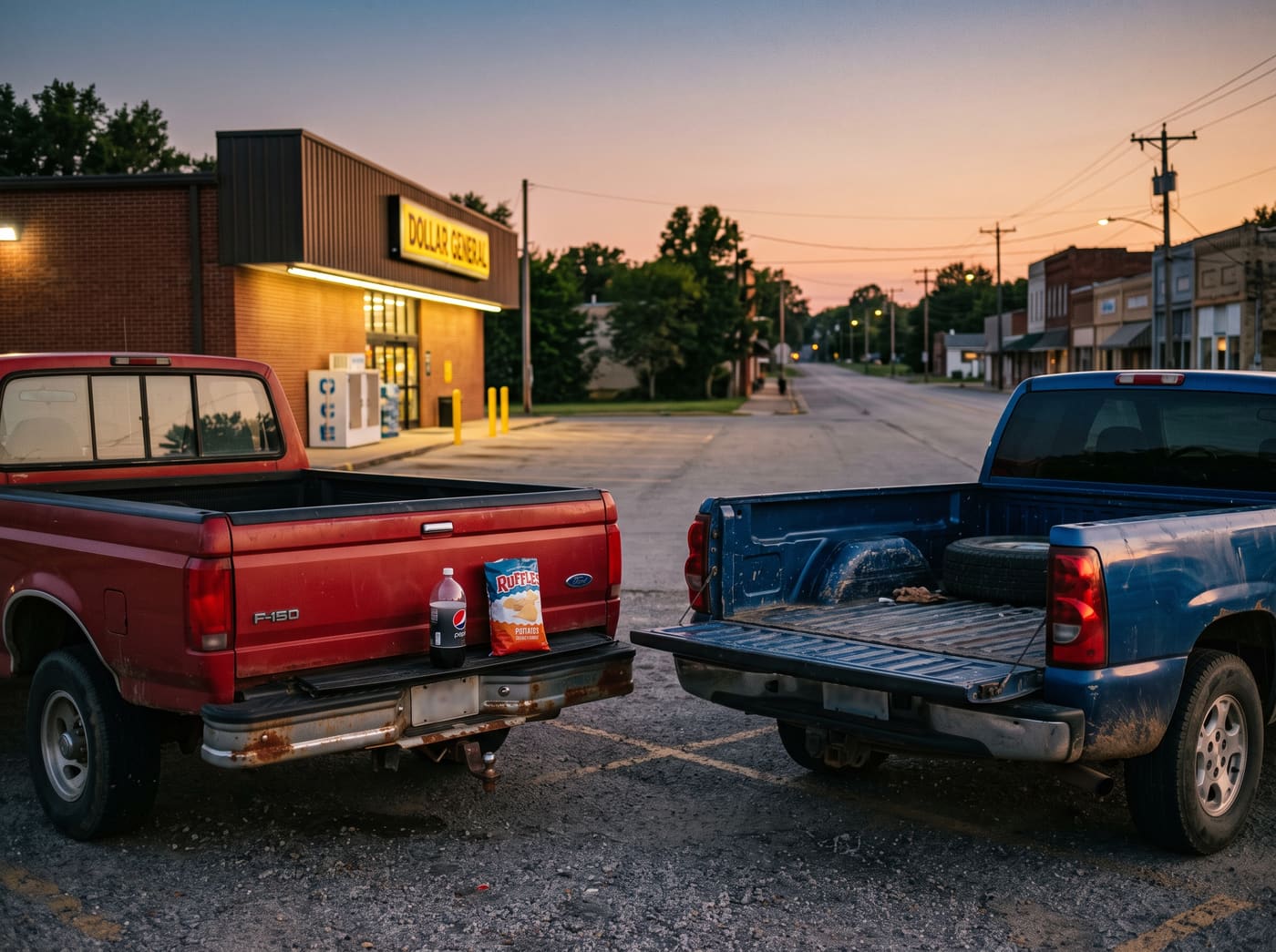 Two pickups parked tailgate to tailgate outside the Dollar General at dusk, a two-liter and a bag of chips set out on the tailgate.