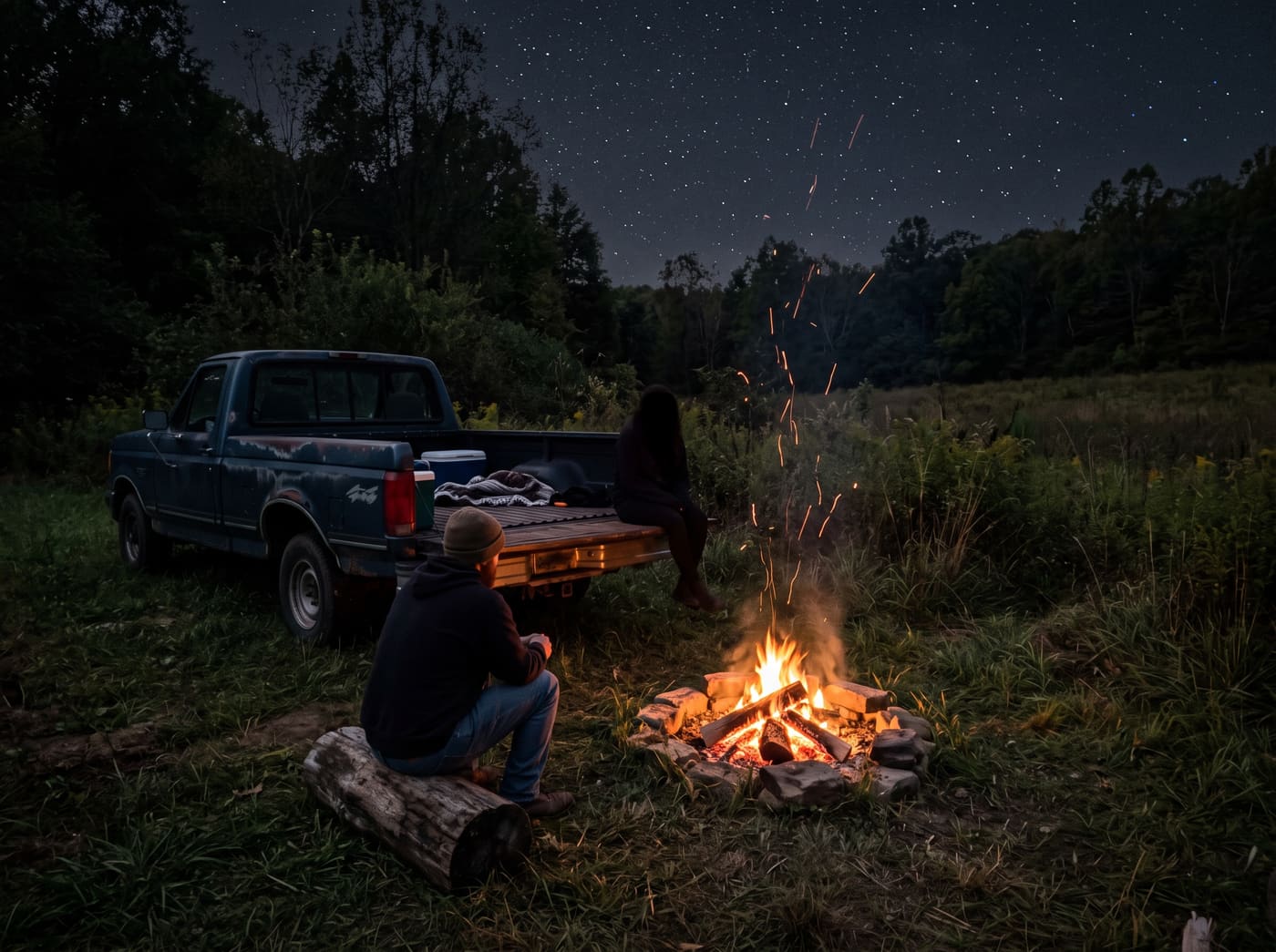 A bonfire burning low in the dark country field where the circle grew up, an old pickup parked alongside it.