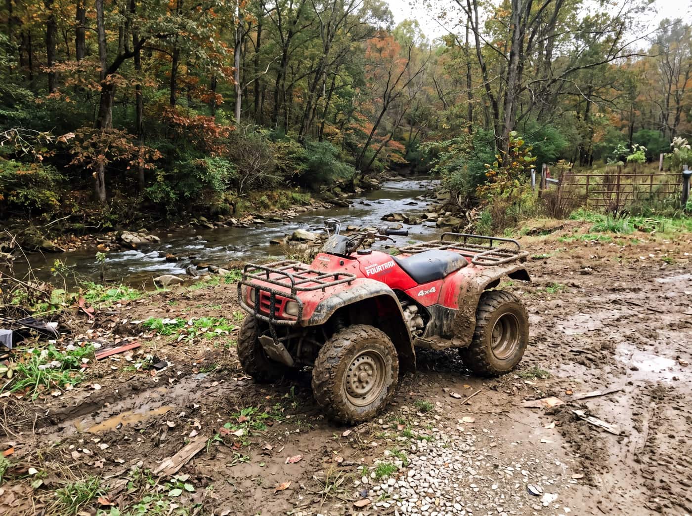 Bobby’s mud-caked red Honda four-wheeler down by the creek after the rain.
